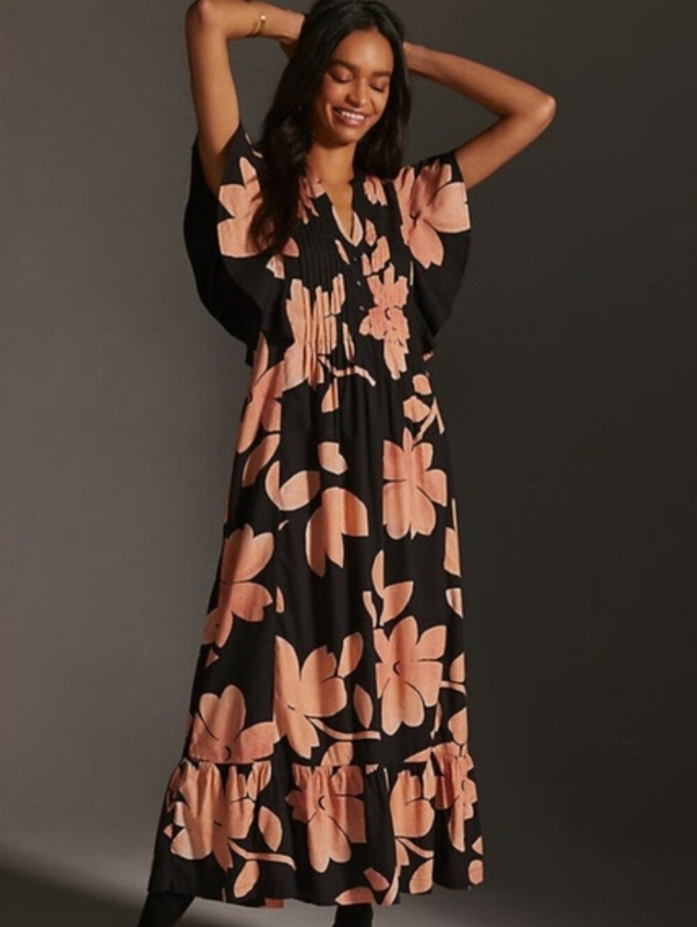 Maeve by Anthropologie Black Floral Flutter Sleeve Cassandra Maxi Dress M